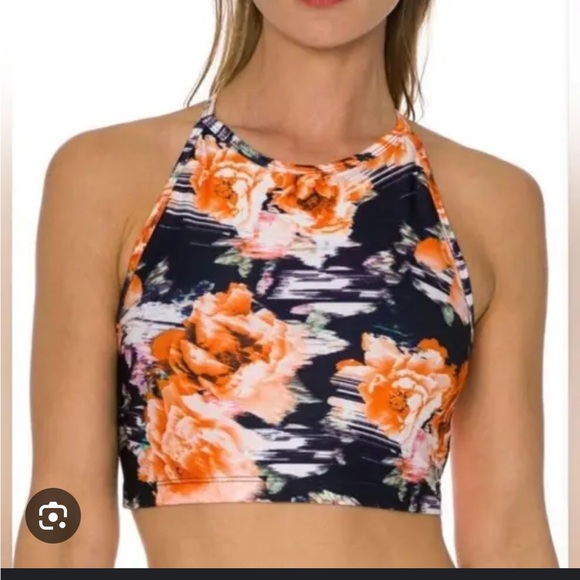 Betsey Johnson Tops - Betsey jhonson yoga Floral Halter Crop Top - Orange and Black